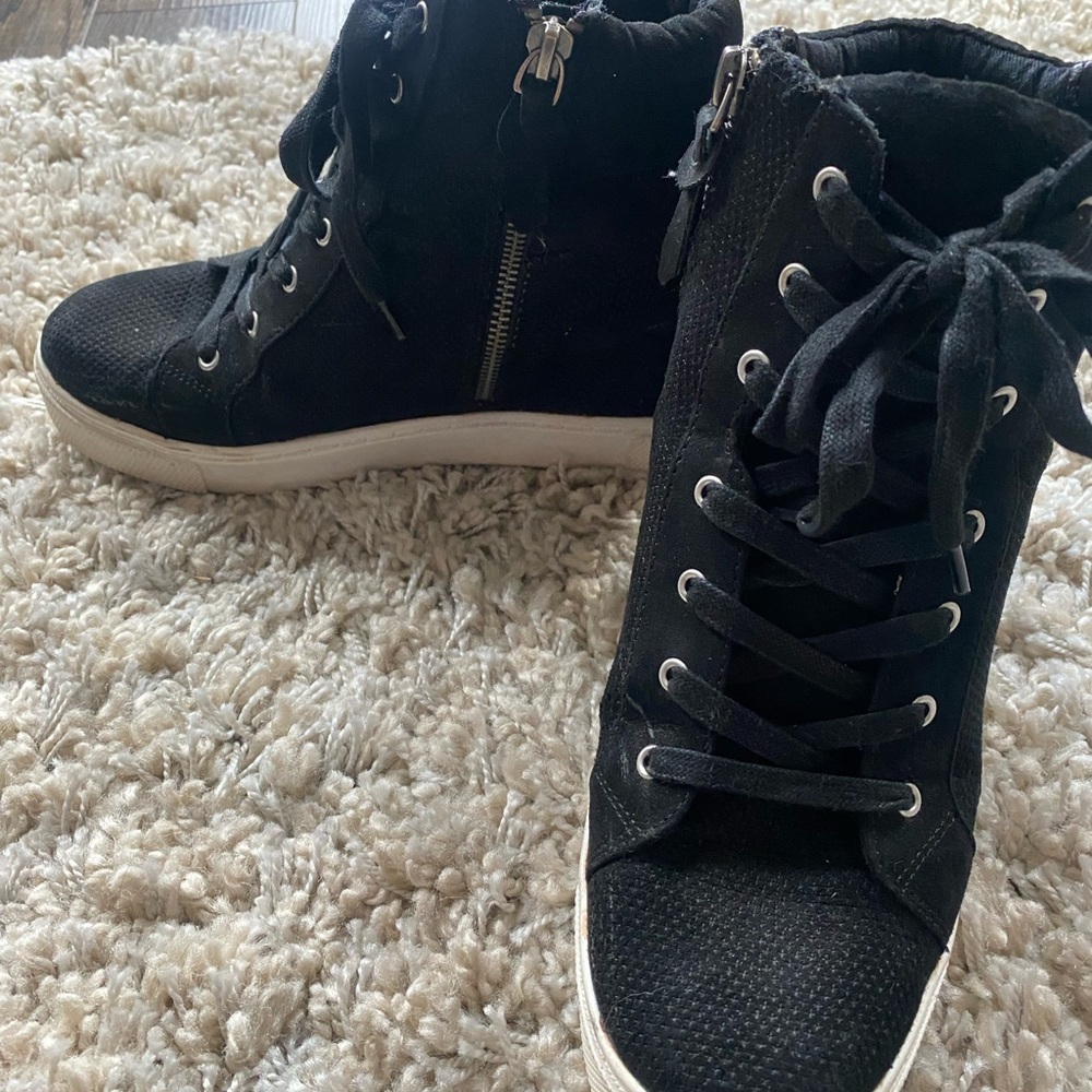 Steve Madden Black High-Top Lace-Up Wedge Sneakers with Side Zipper